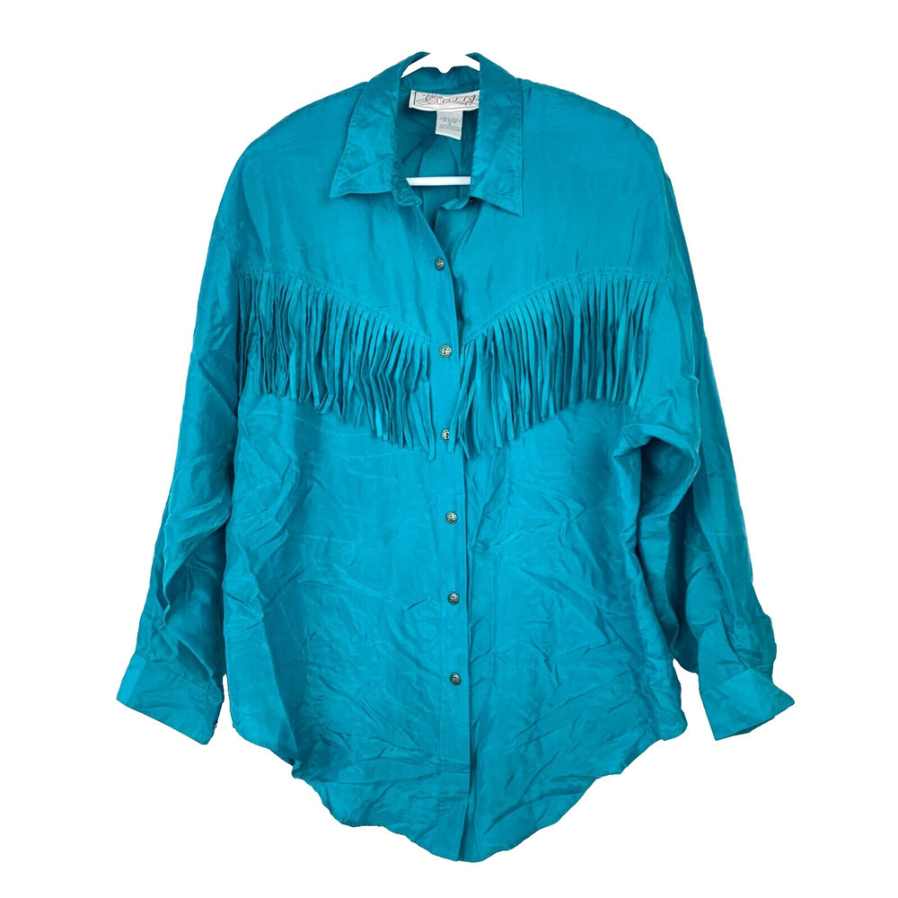 Vintage Nuggets Silk Fringe Button Up Shirt Top Blouse Womens Small READ